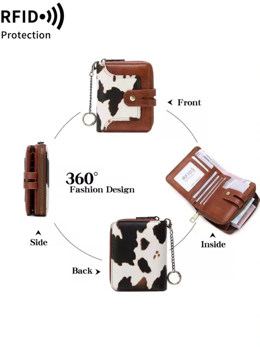 Brown and White Cow Print RFID Wallet with Keyring